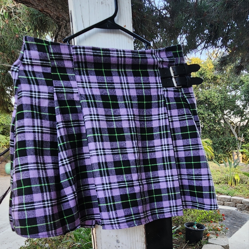 Shein Purple and Green Plaid Pleated Skirt